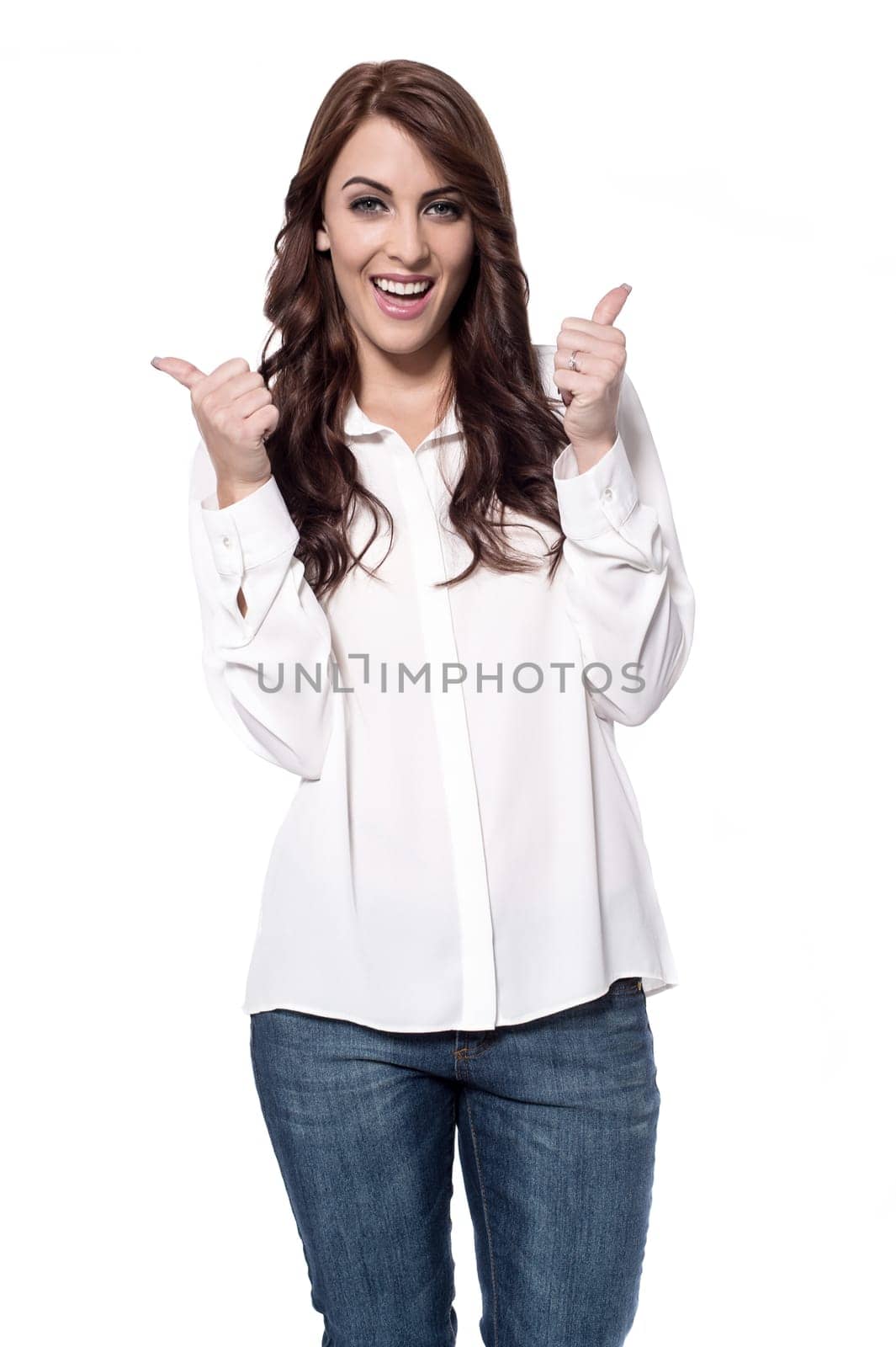 Charming lady in casual showing thumbs up