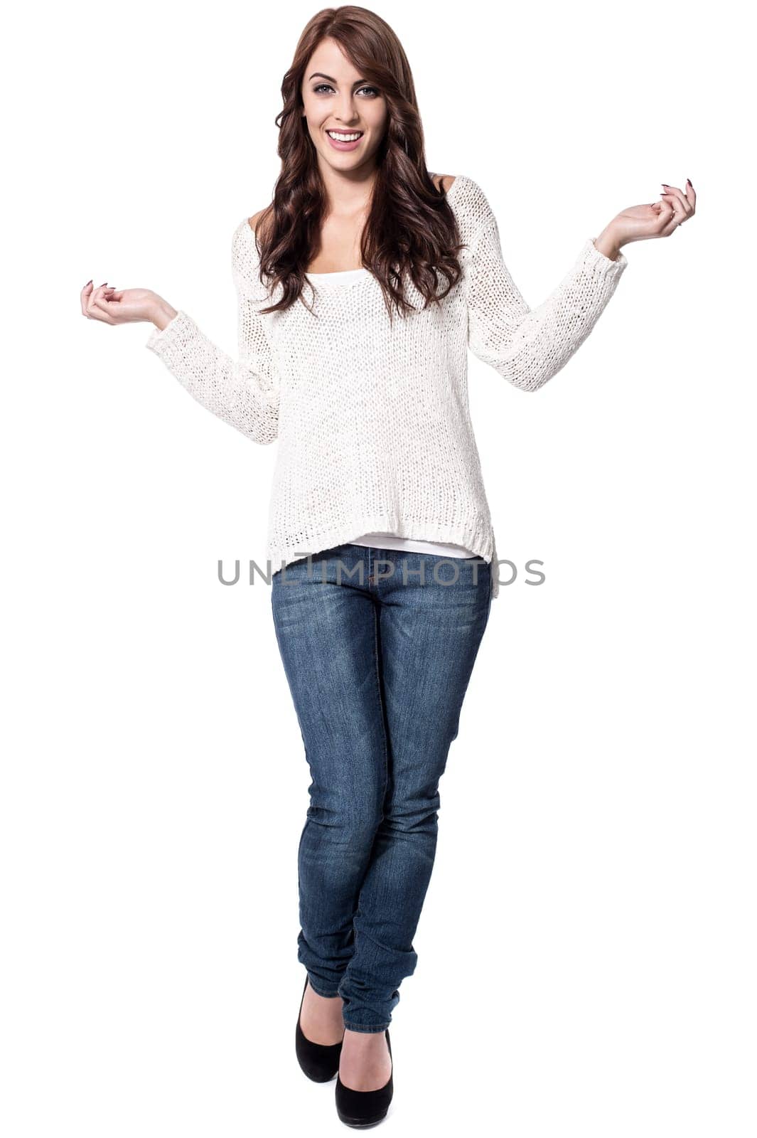 Smiling woman with open hands, copy space concept