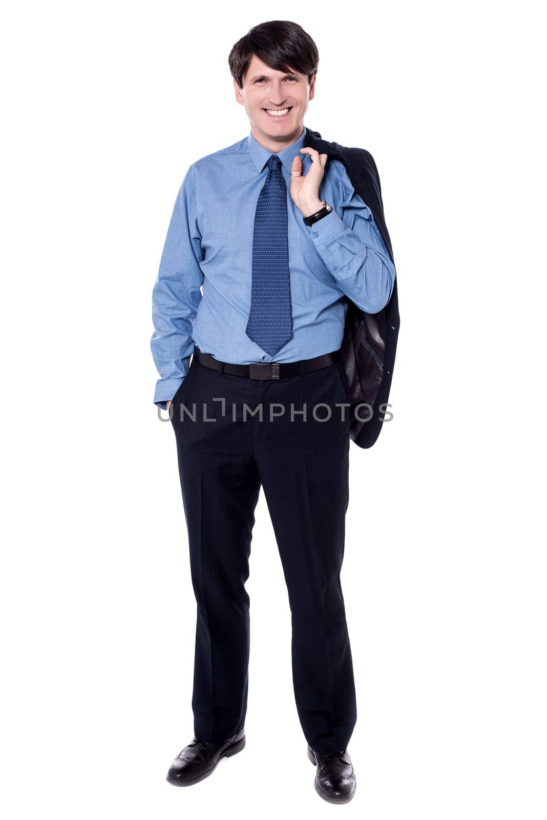 Image of a businessman holding coat over his shoulder