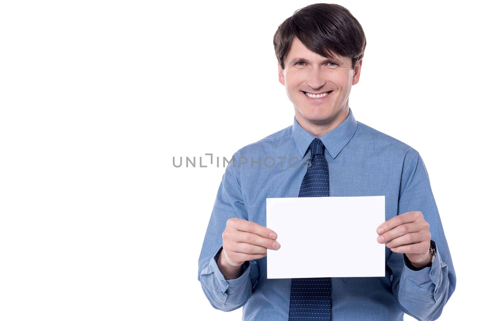 Male executive showing a blank ad card