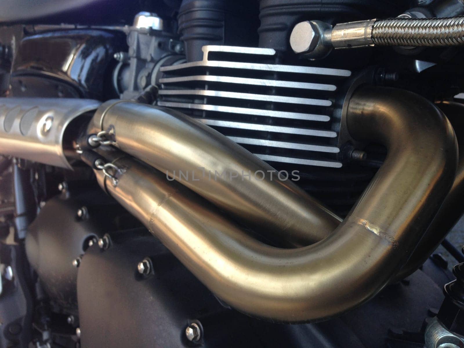 Close up view of a shiny motorcycle engine
