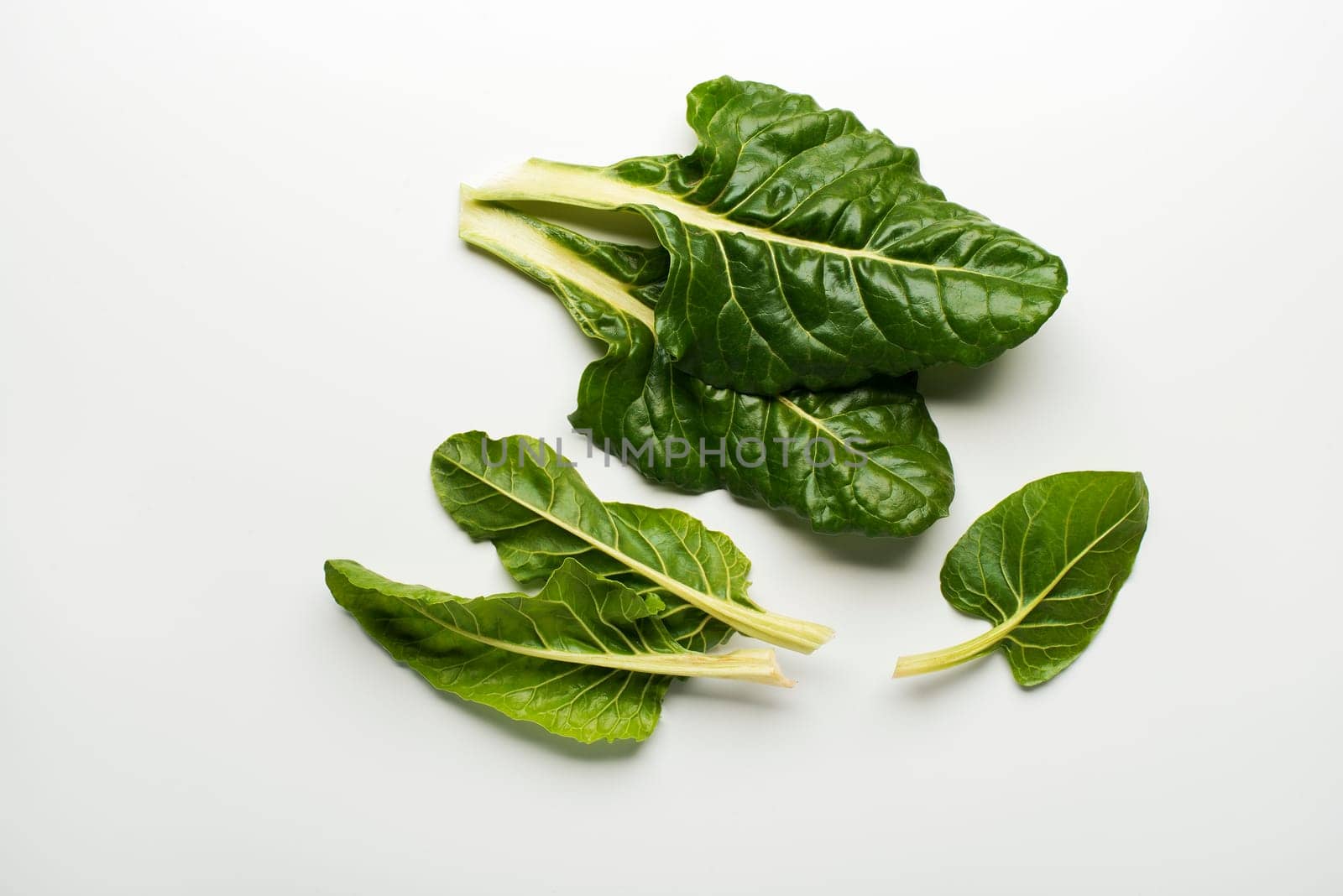 Fresh swiss chard leaves isolated on a white background.