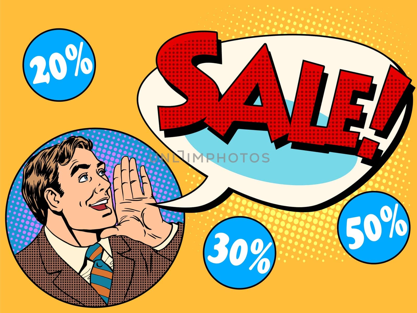 The man announces sale and discounts pop art retro style.