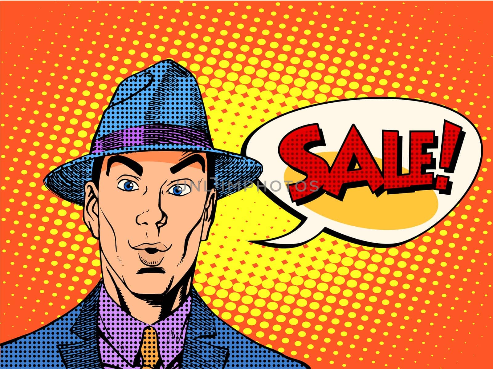 surprised man sale bubble pop art retro style. Solid gentleman with the emotional face.