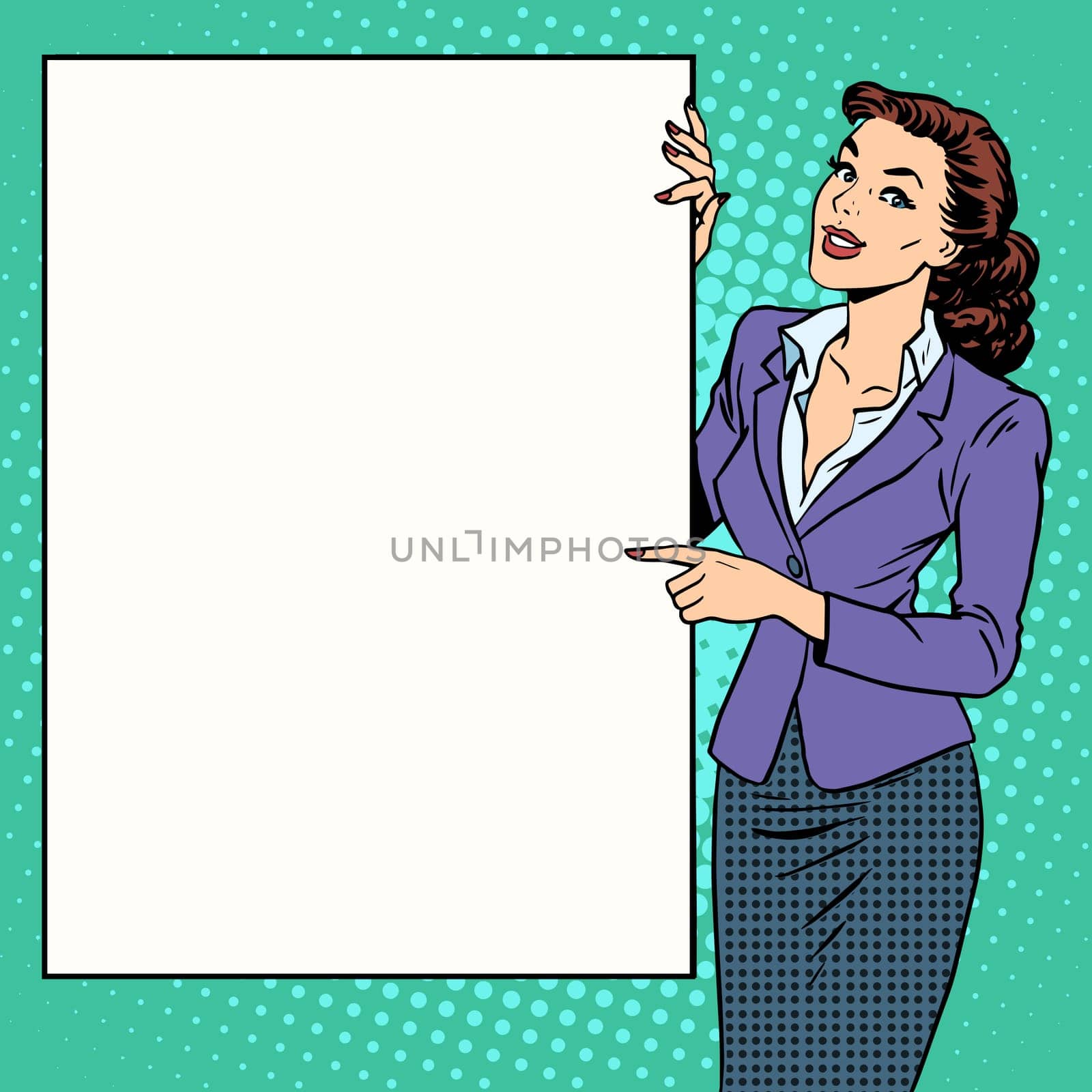 Poster businesswoman style your brand here pop art retro. Advertising and the announcement. The woman with the poster. Your text here