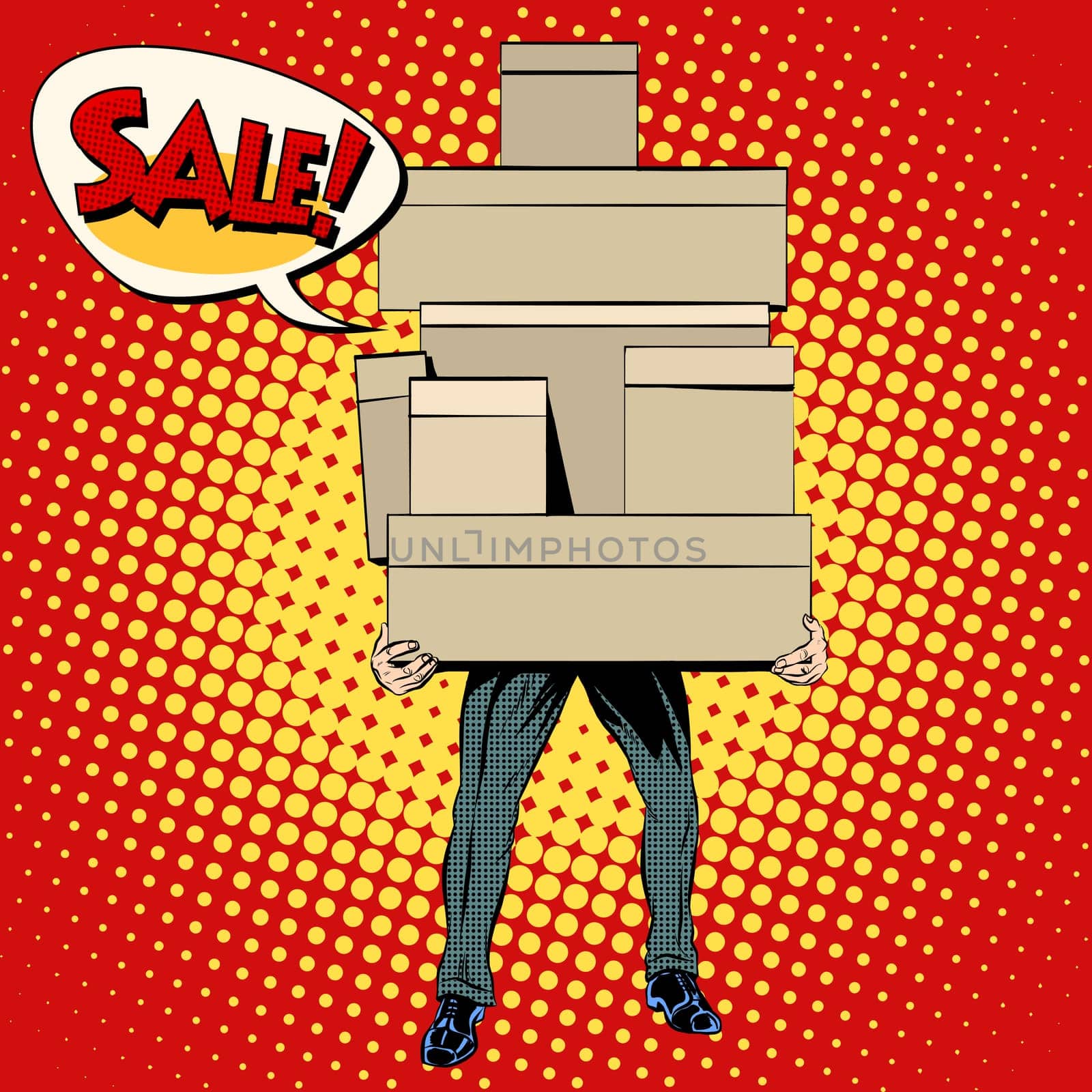 Buyer shopping sale pop art retro style. A man with a mountain of shopping. People box