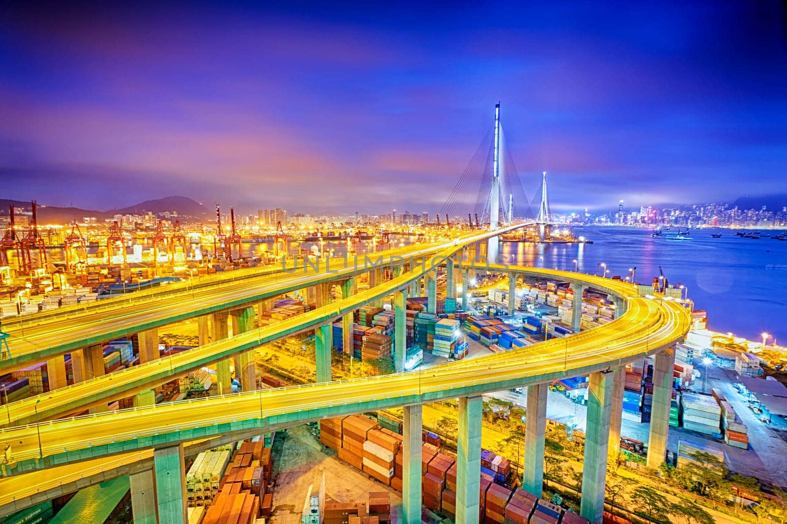 hong kong modern city Highway bridge traffic and blurred light trails