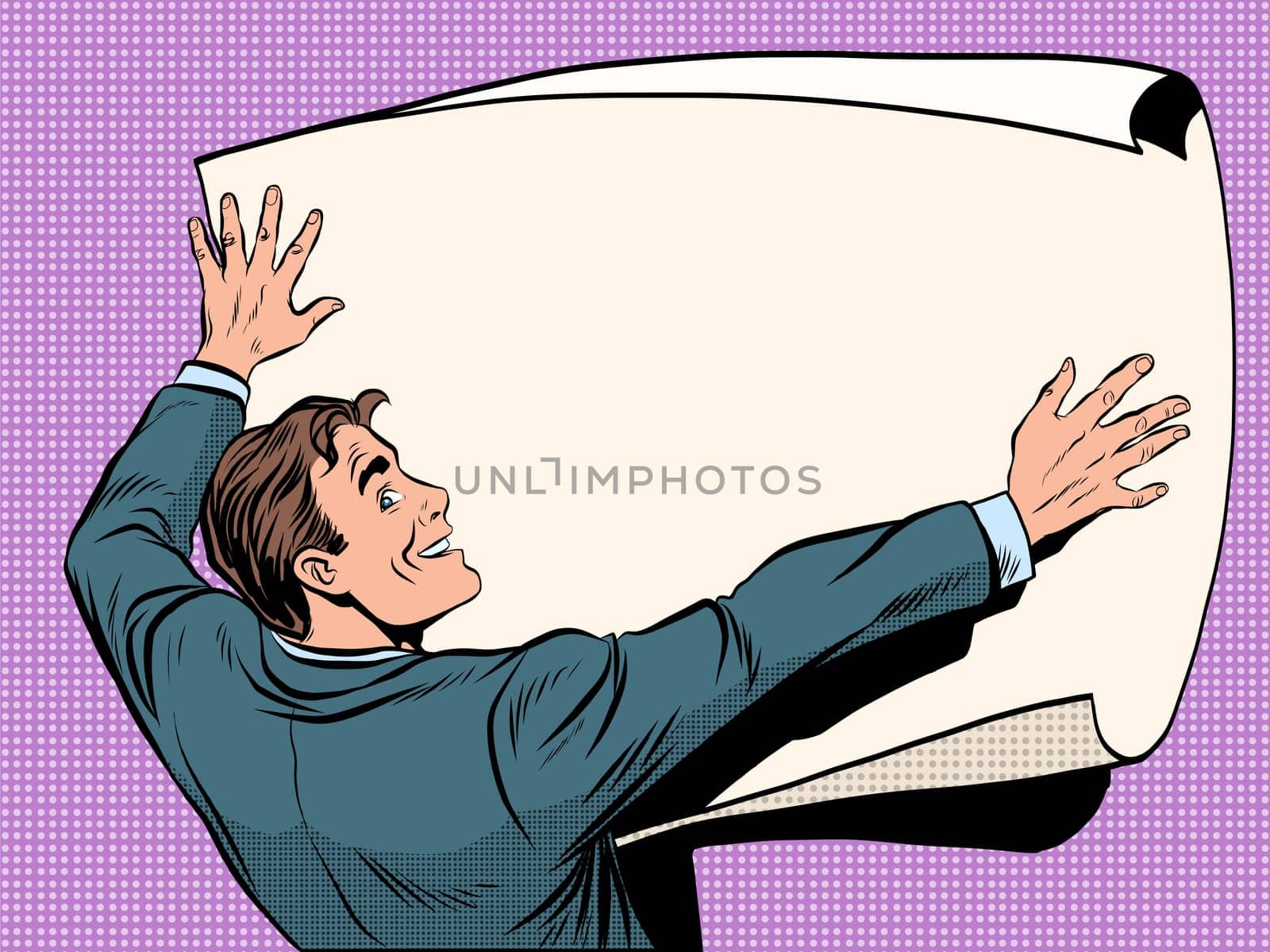 Man with business plan pop art retro style. Businessman with unfolded a white sheet for sketching and diagrams. Science and engineers