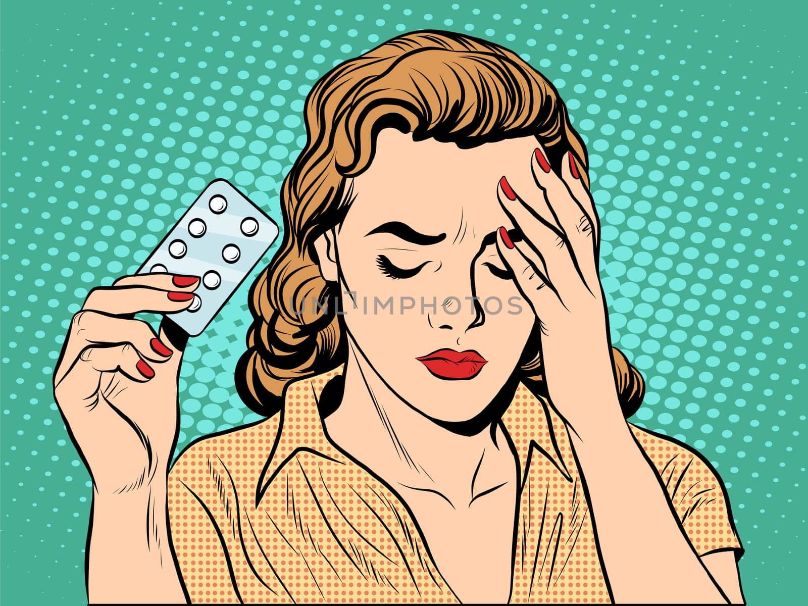 Woman with headache pills pop art retro style. Medicine and womens health. Pharmacology tablet drug