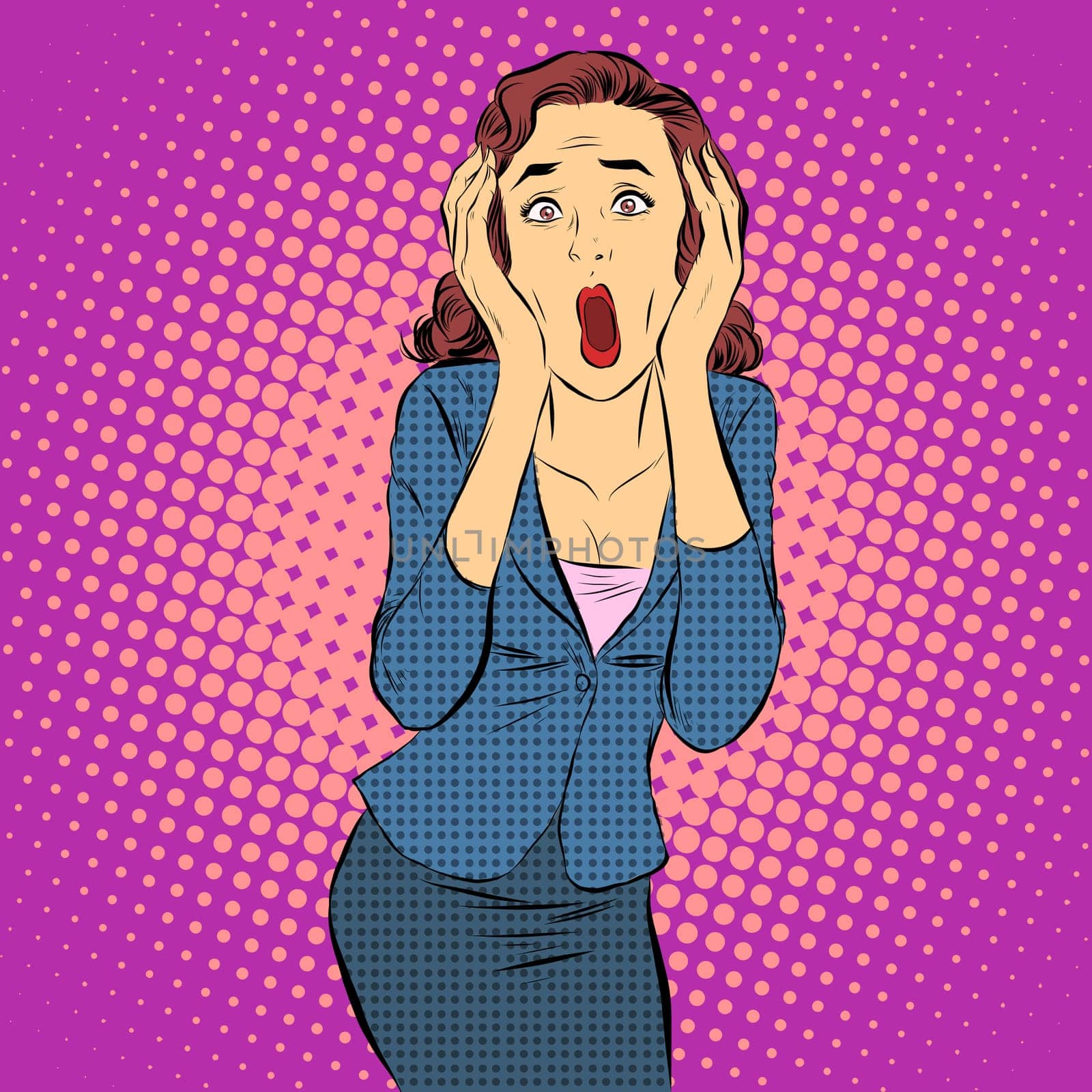 Businesswoman screaming pain horror emotions pop art retro style. Medical and mental health.