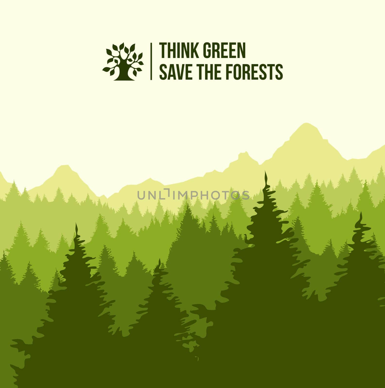 Tree forest landscape with think green text. Eco friendly concept illustration. EPS10 vector. .