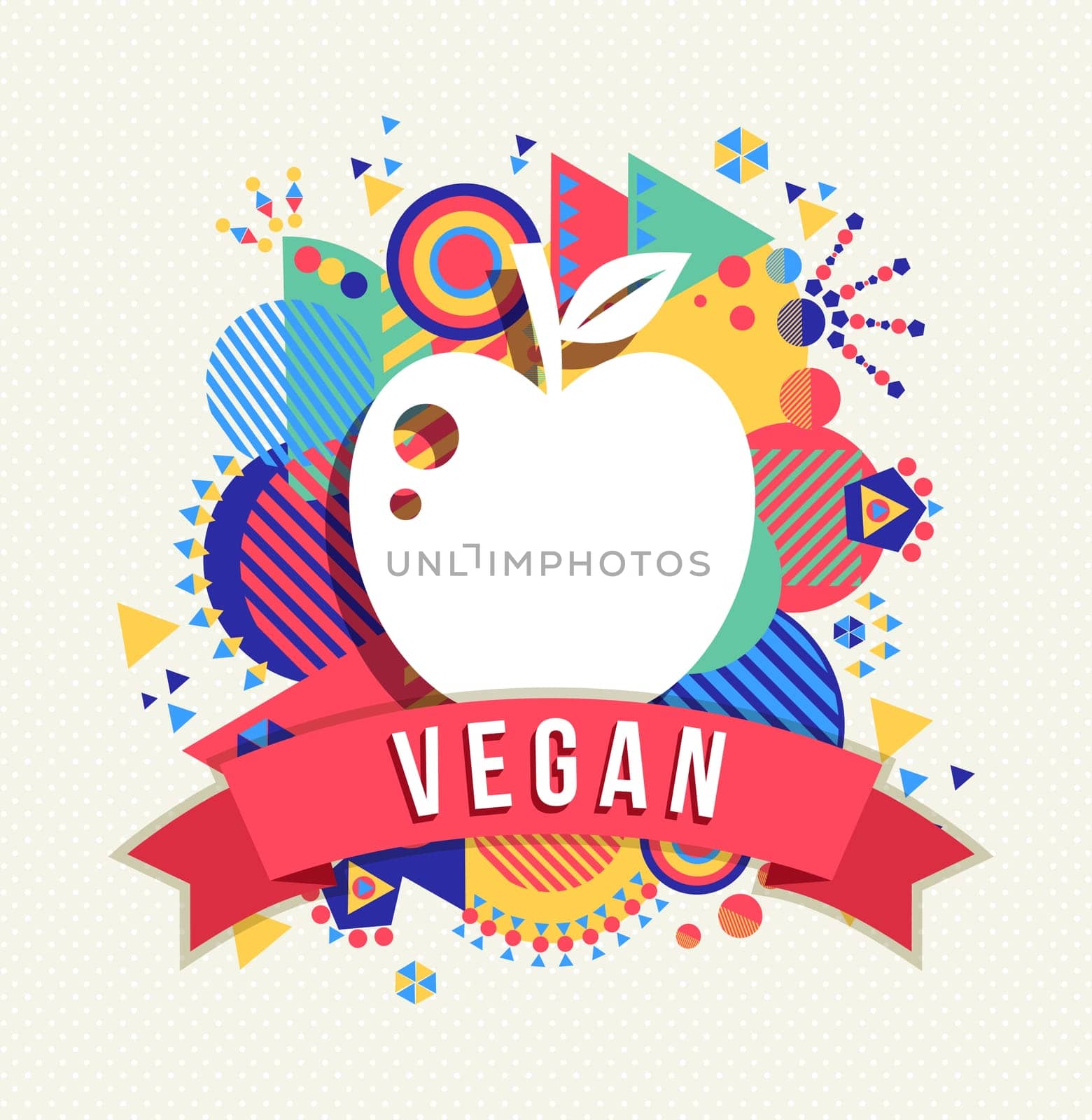 Vegan apple icon concept design with text label and colorful geometry shape background. EPS10 vector.