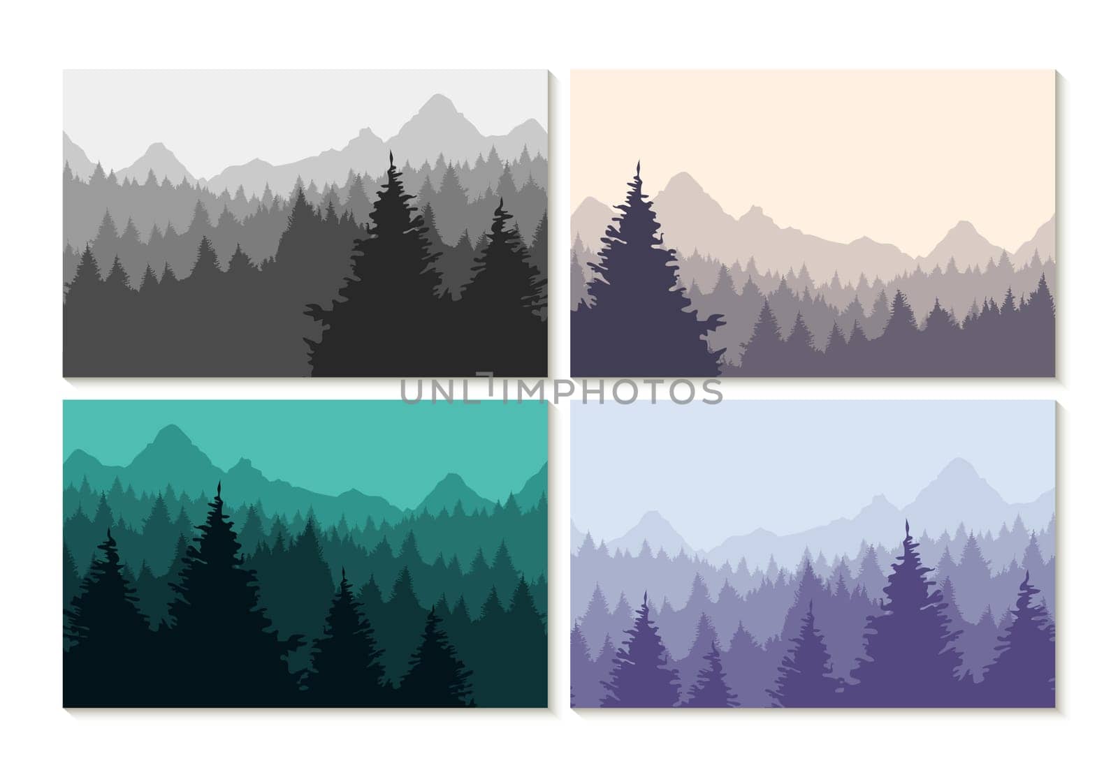Winter Forest and mountains landscape silhouette set, concept nature illustrations. EPS10 vector.