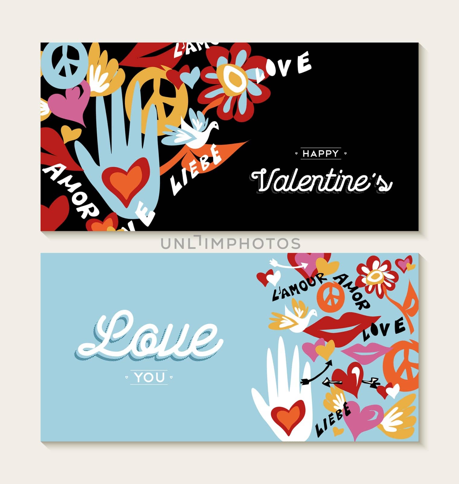 Valentines day set of greeting card designs with hand drawn hippie 60s decoration and peace elements. EPS10 vector.