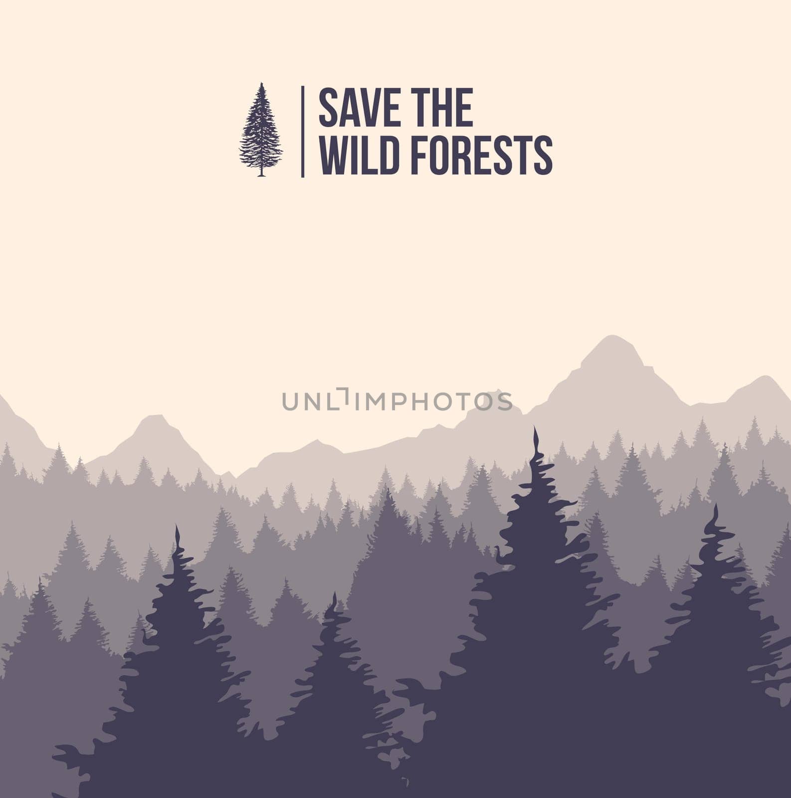Save the wild forests concept illustration with winter tree landscape silhouette. EPS10 vector.