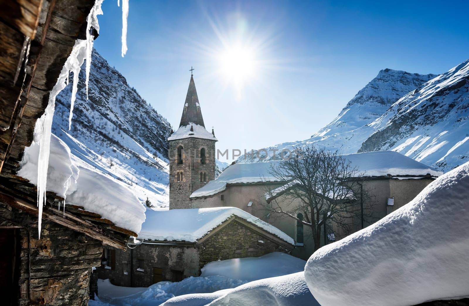 Old village Bonneval-sur-Arc in winter, Savoie, Vanoise, France
