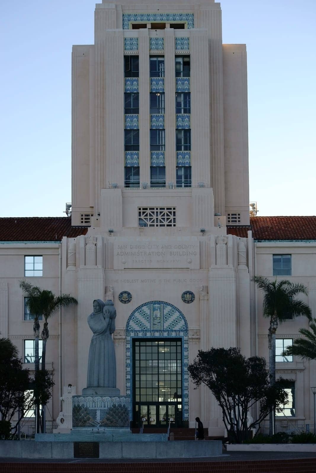 San Diego,United States - December 25,2015: The City Council building on Harbor Drive in San Diego with a fountain and palm trees in front of the entrance on December 25,2015 in San Diego.