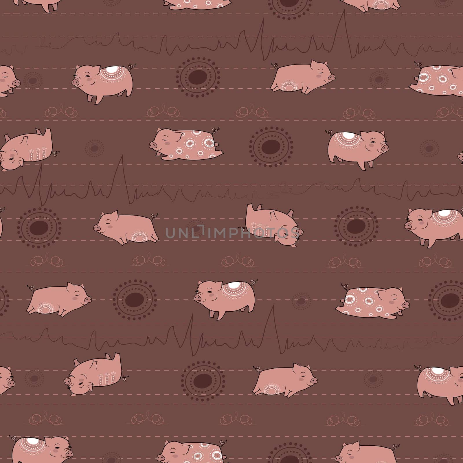 Happy pink piggies with white patterns and brown background. Vector Seamless Pattern