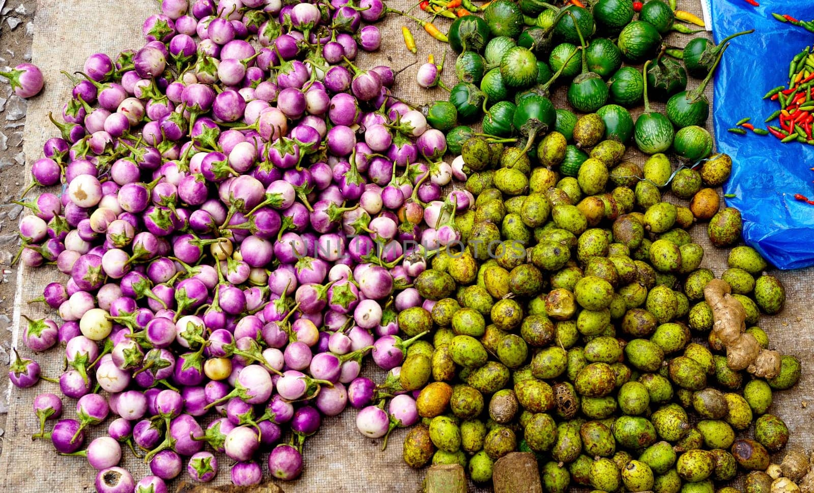 mixed vegetables purple eggplant, olive, in Farmer market Luang Prabang, Laos