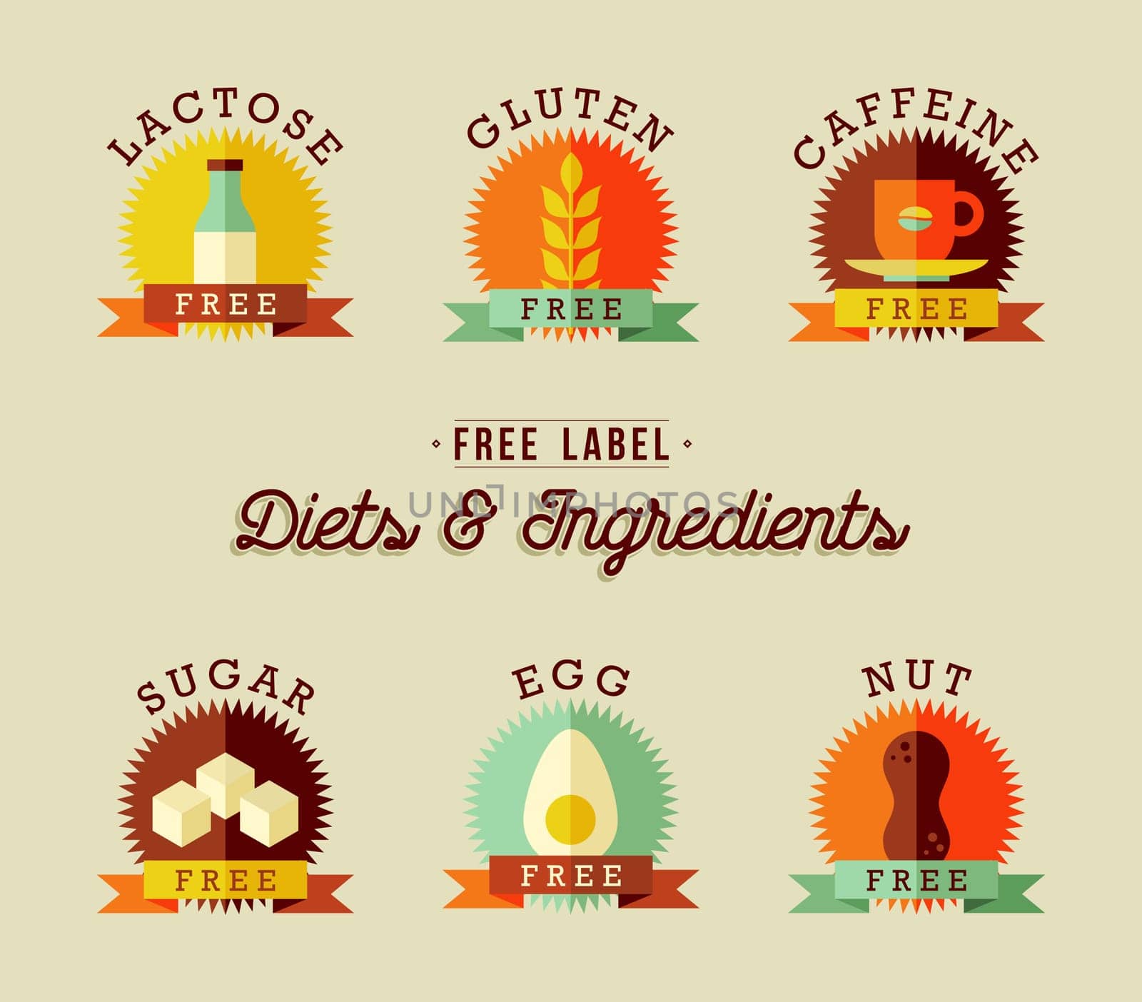 Set of food label designs in flat style for healthy eating. Includes lactose free, gluten, caffeine, sugar, egg and nut allergy badges. EPS10 vector.
