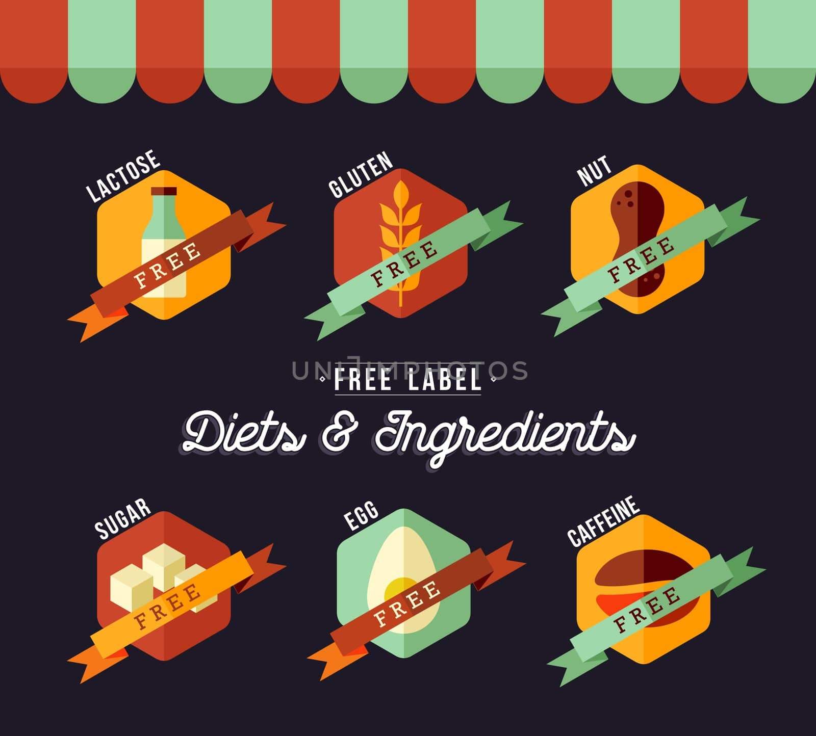 Diet food labels for healthy eating in flat style with grocery store decoration. Includes lactose, gluten, caffeine, sugar, egg and nut free text badges. EPS10 vector.