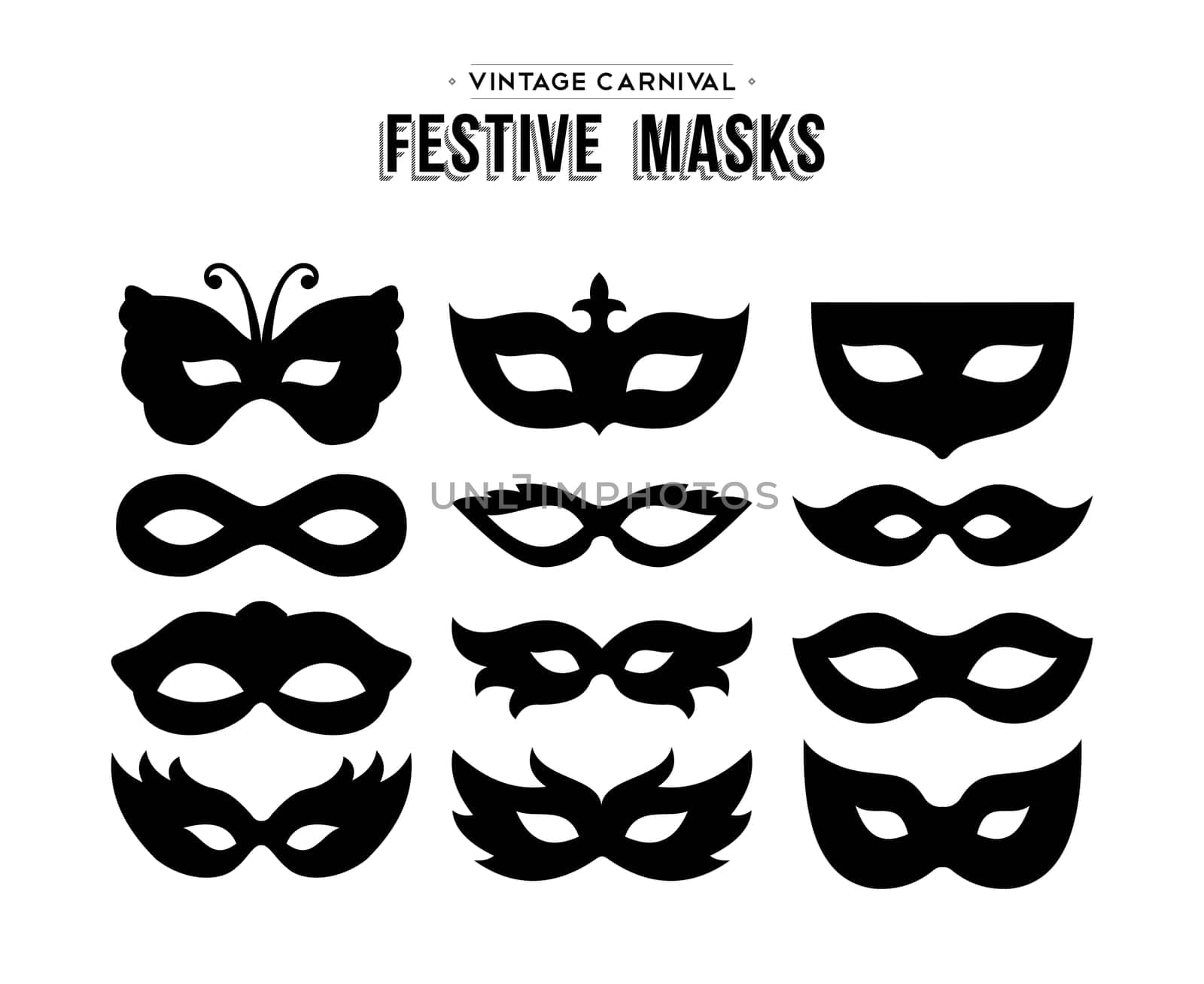 Set of festive vintage carnival masks silhouettes isolated over white. EPS10 vector.