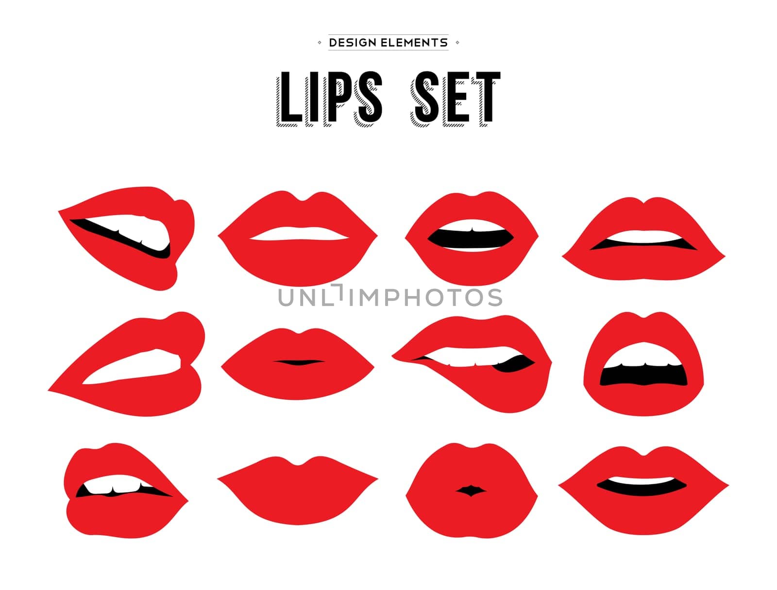 Woman's lip gestures set. Girl mouths close up with red lipstick makeup expressing different emotions. EPS10 vector.