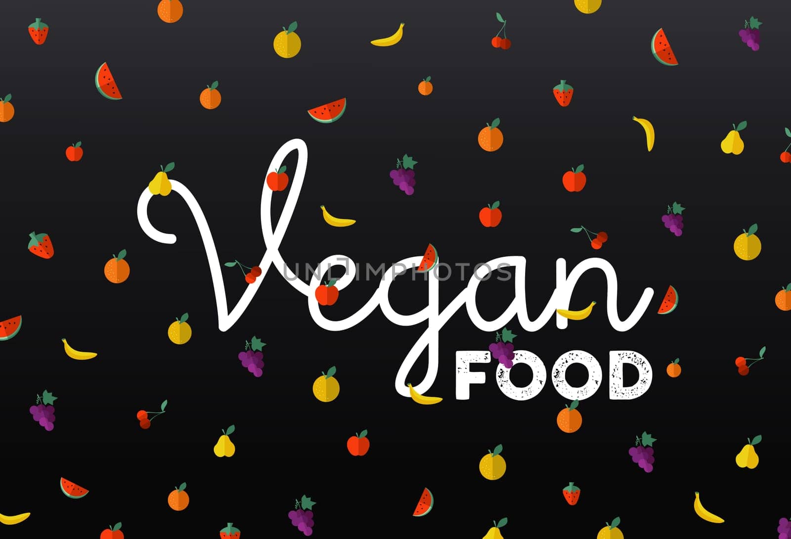 Flat style fruit icons with vegan food text label, concept design. EPS10 vector.