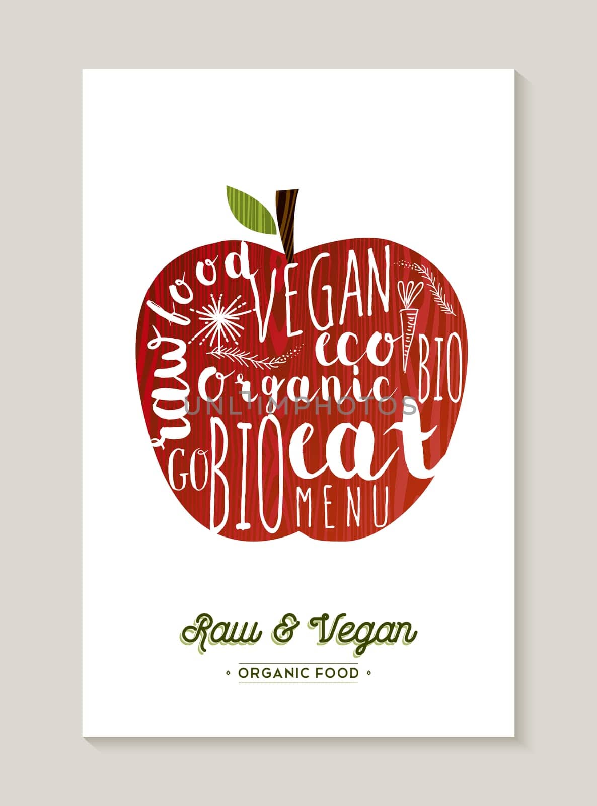 Organic red apple concept retro illustration design with vegan and vegetarian food themed texts. EPS10 vector.