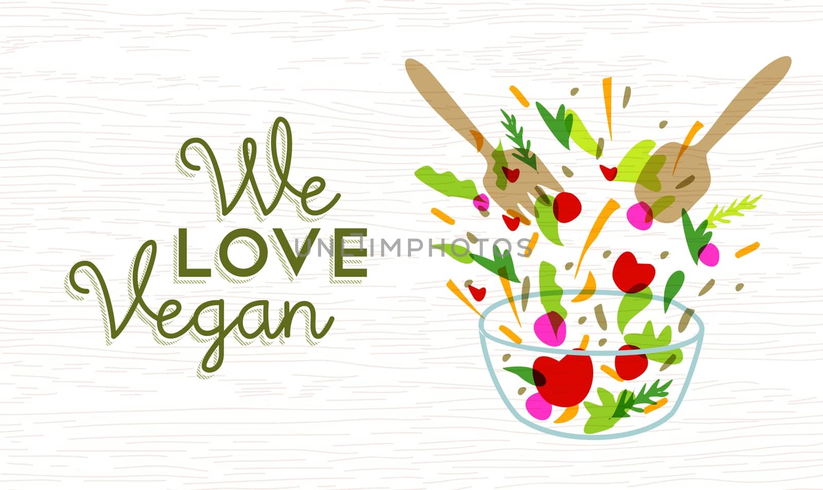 We love vegan food concept text label with vegetable salad illustration and utensils. EPS10 vector.