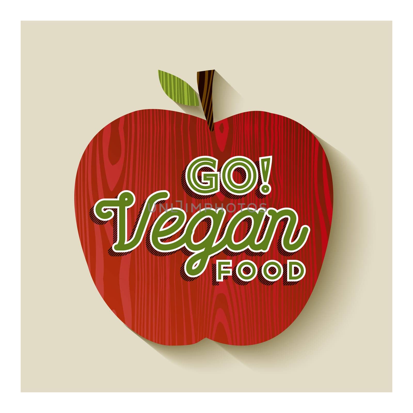Red apple on wooden texture with go vegan food text concept illustration. EPS10 vector.