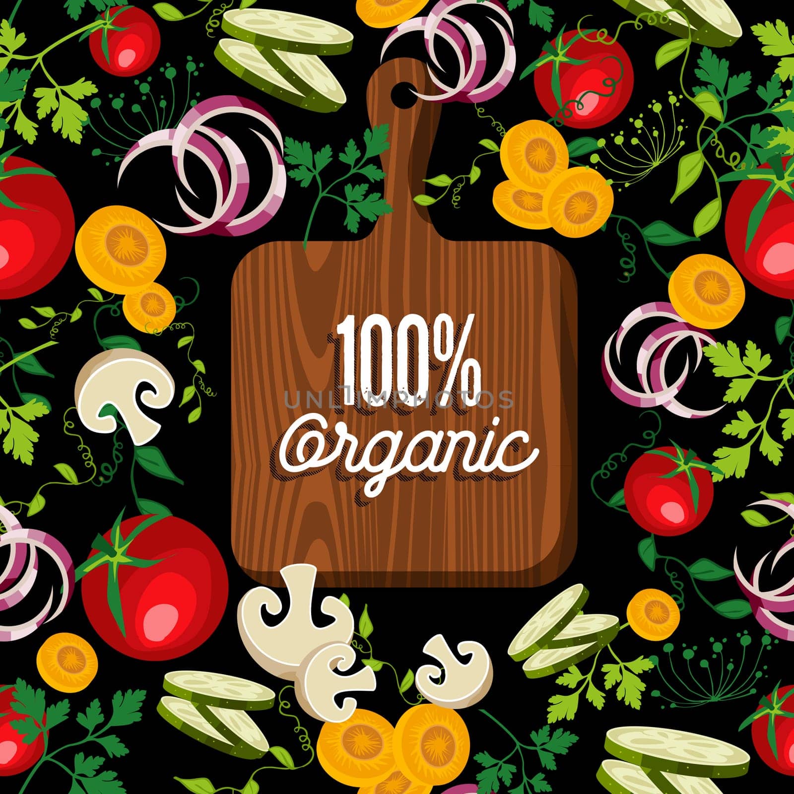 Raw vegetables spread around cutting board with 100% organic text quote, concept illustration. EPS10 vector.