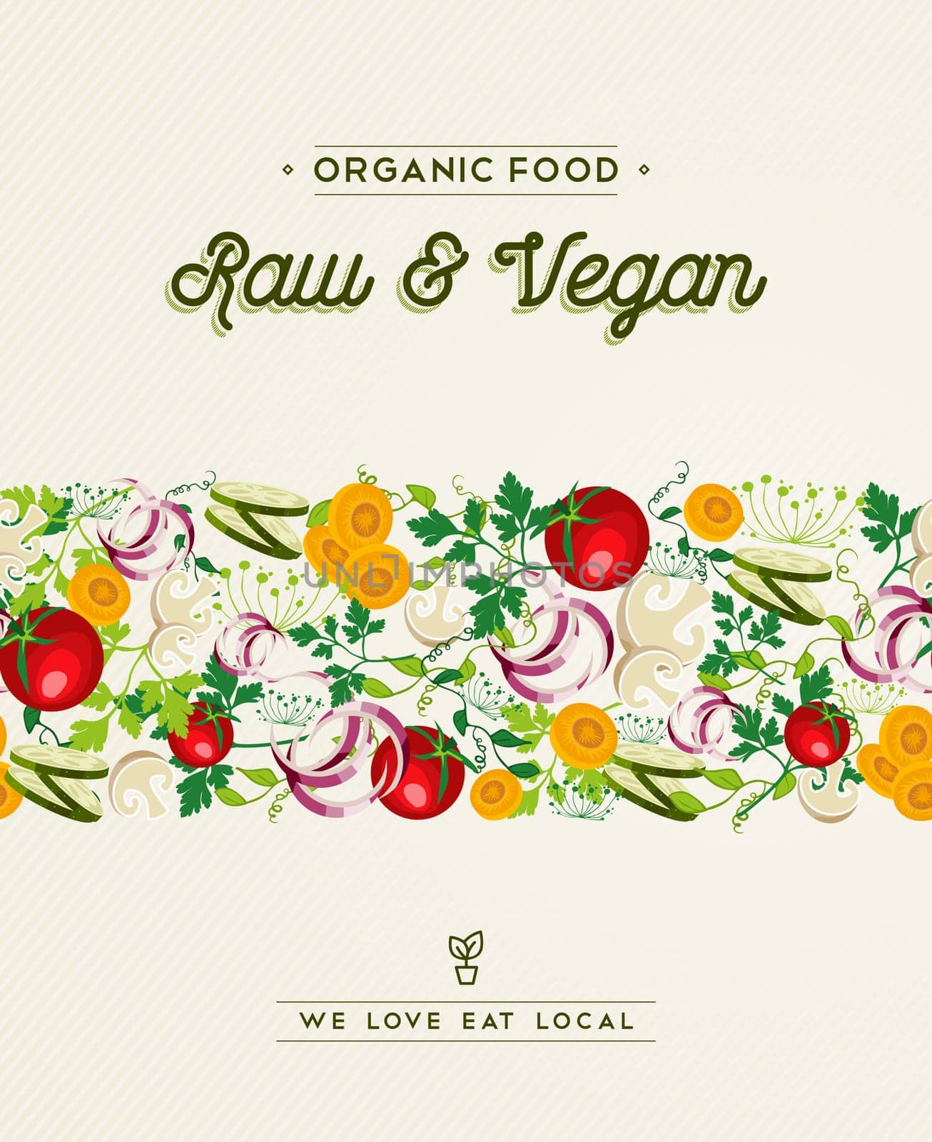 Raw and vegan food concept illustration with vegetable elements and text labels. EPS10 vector.