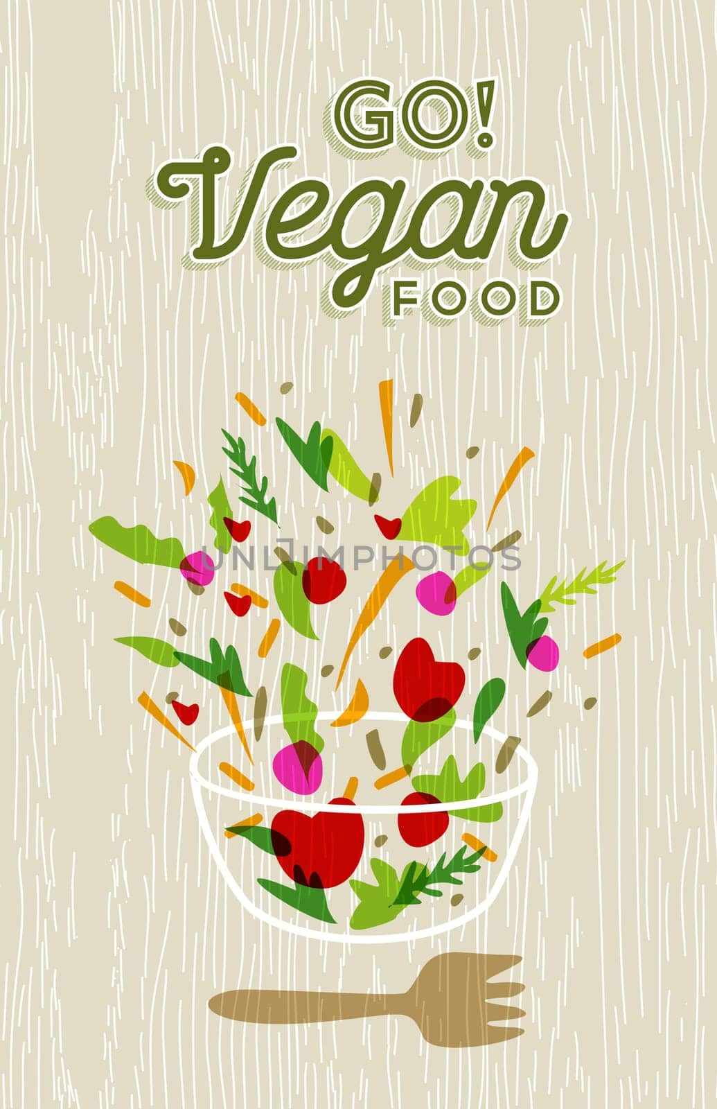 Vegetable salad illustration with vegan food text and wood texture background. EPS10 vector.