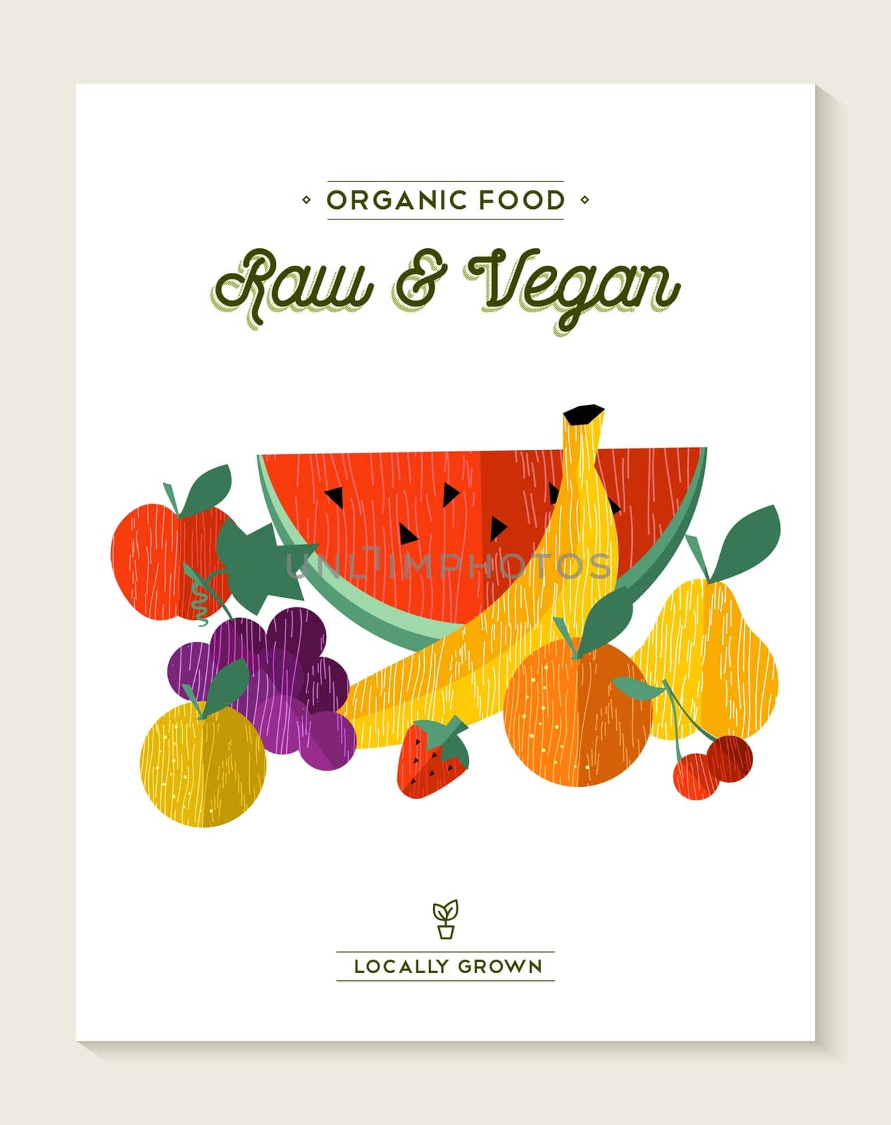 Raw fruits food concept illustration, banana, apple, orange in flat style. Organic and vegan text labels. EPS10 vector.