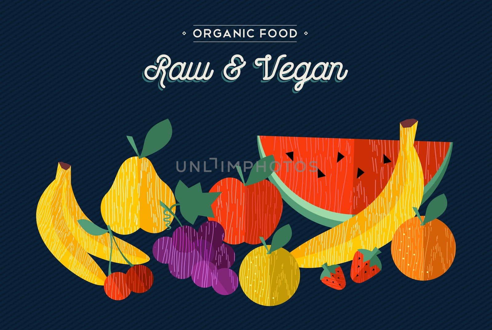 Vegan and vegetarian raw food concept illustration with fruits. Includes apple, orange, banana in flat wooden textured style. EPS10 vector.