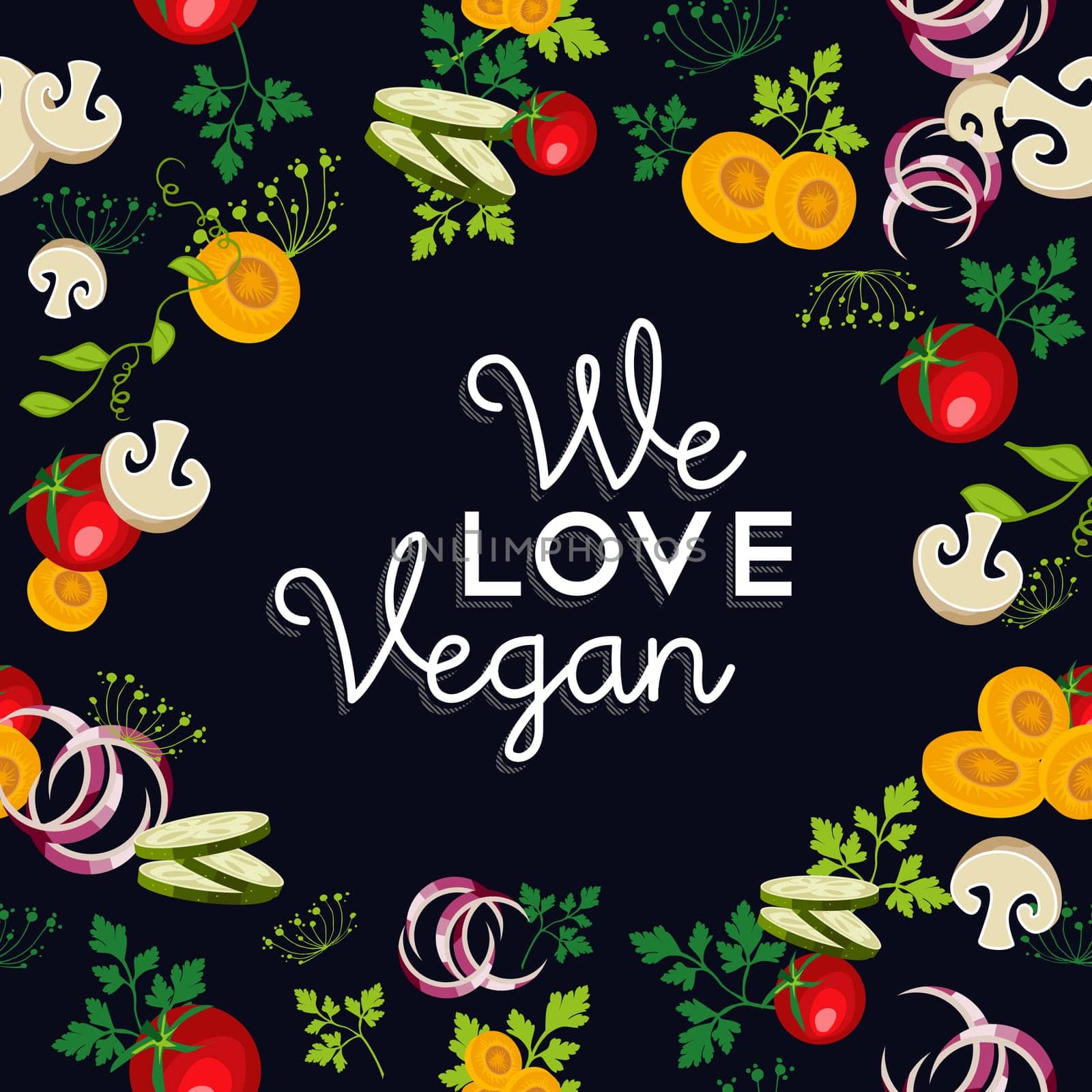 We love vegan food text with raw vegetables and ingredients illustration. EPS10 vector.