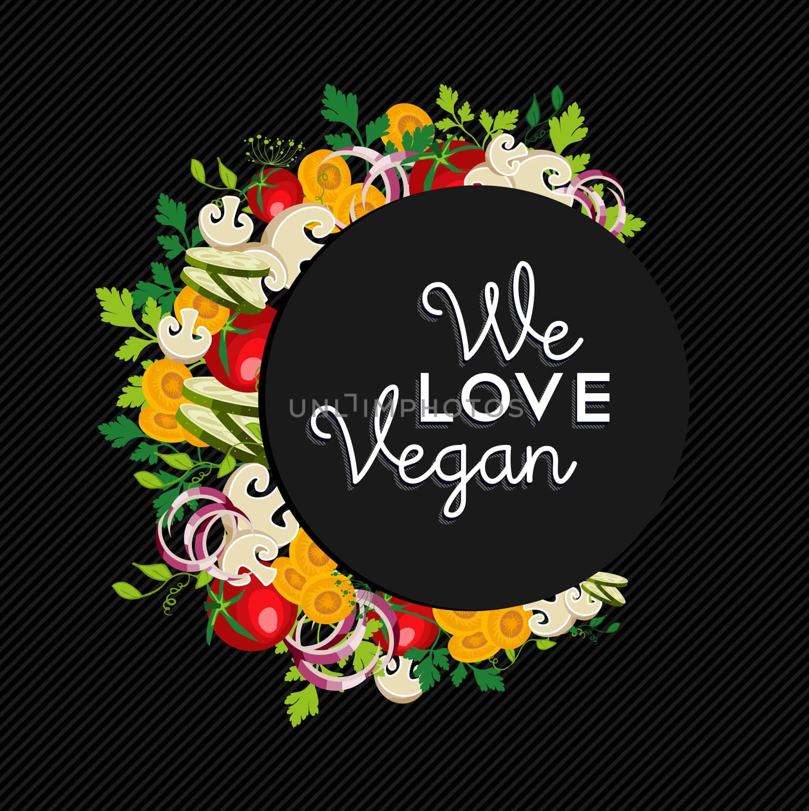 We love vegan food label text with colorful vegetables, concept illustration design. EPS10 vector.