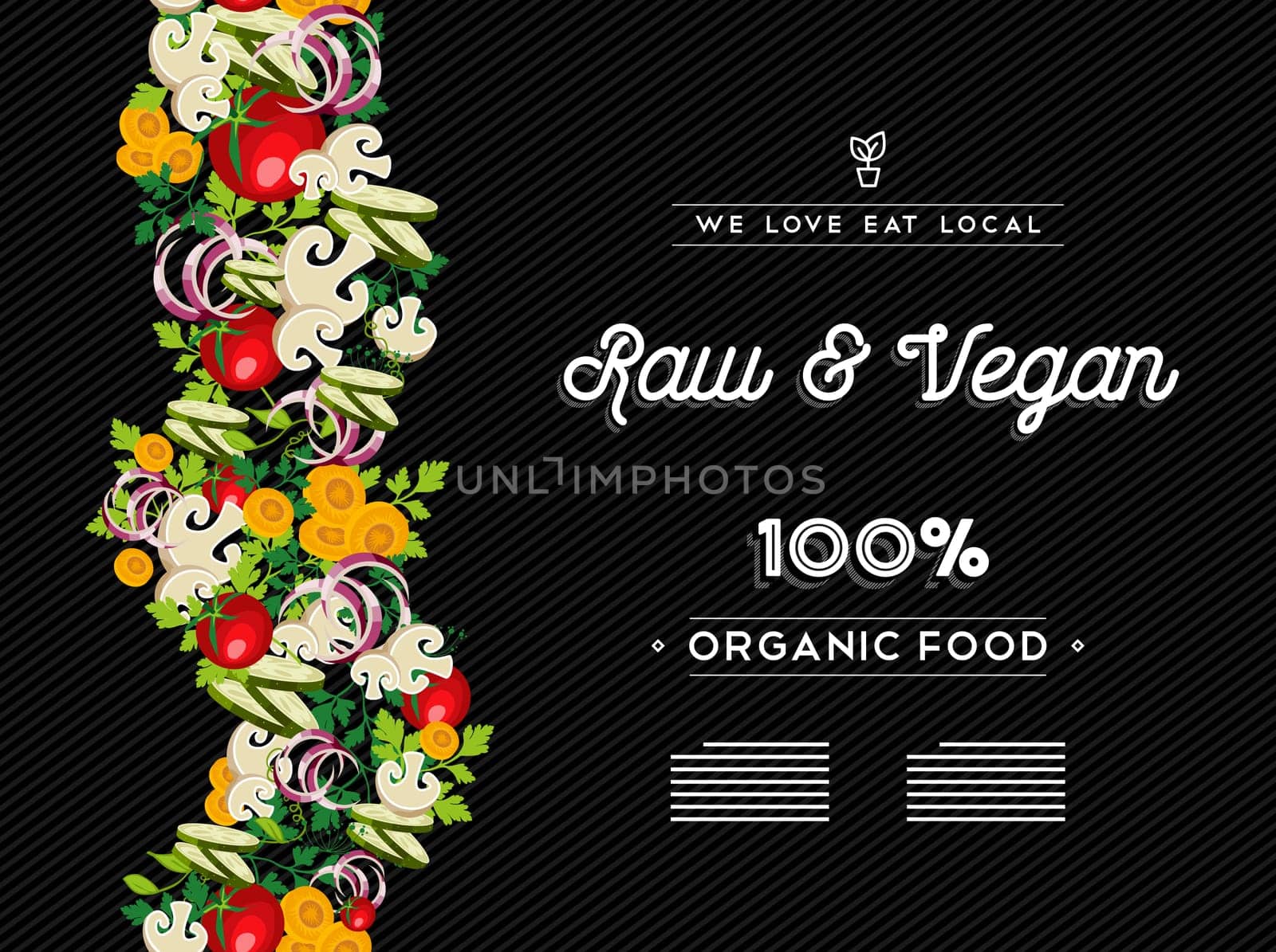 Raw vegan food restaurant menu template design with vegetable and text labels. EPS10 vector.