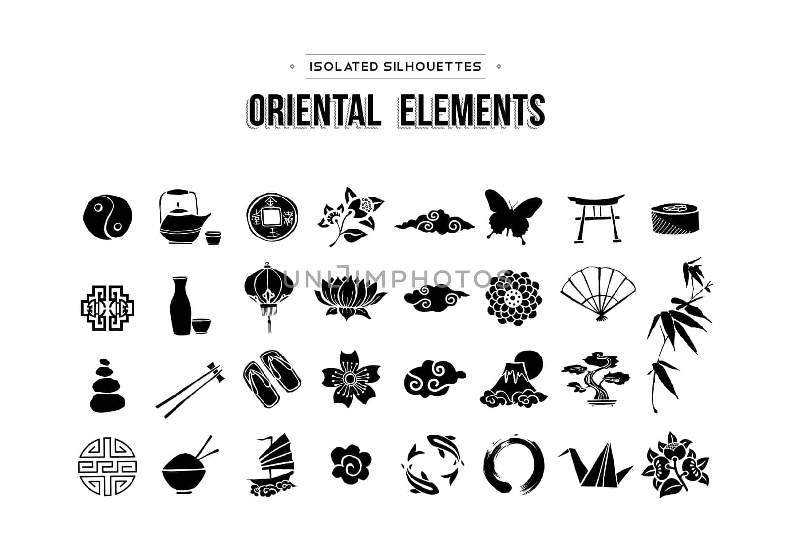 Oriental culture icons set. Asian and Zen themes typical elements silhouette isolated over white. EPS10 vector.