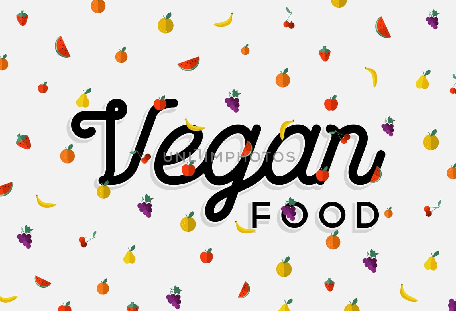 Vegan food concept design with text label and colorful flat art style fruits. EPS10 vector.