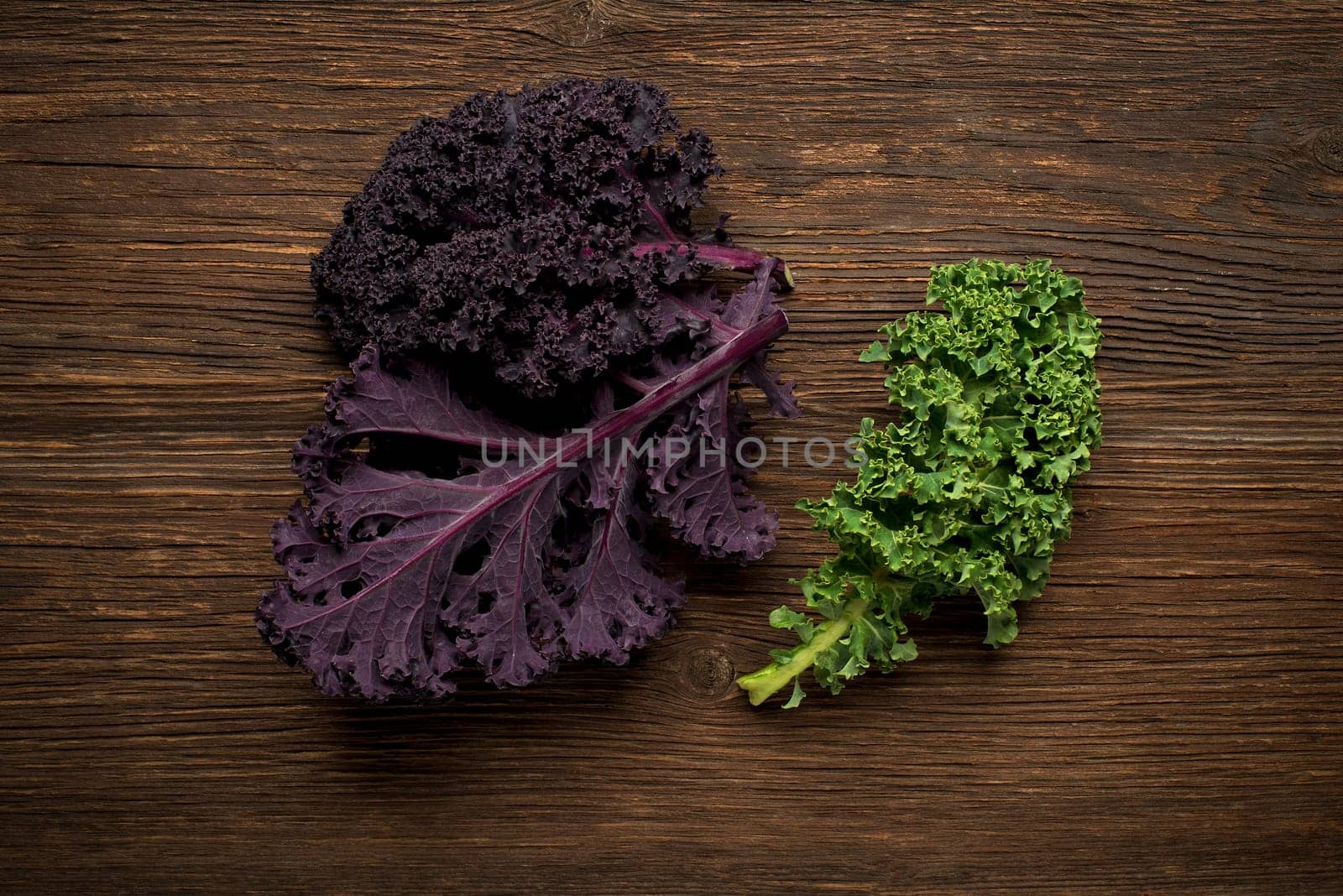 Fresh kale leaf on wooden background close up