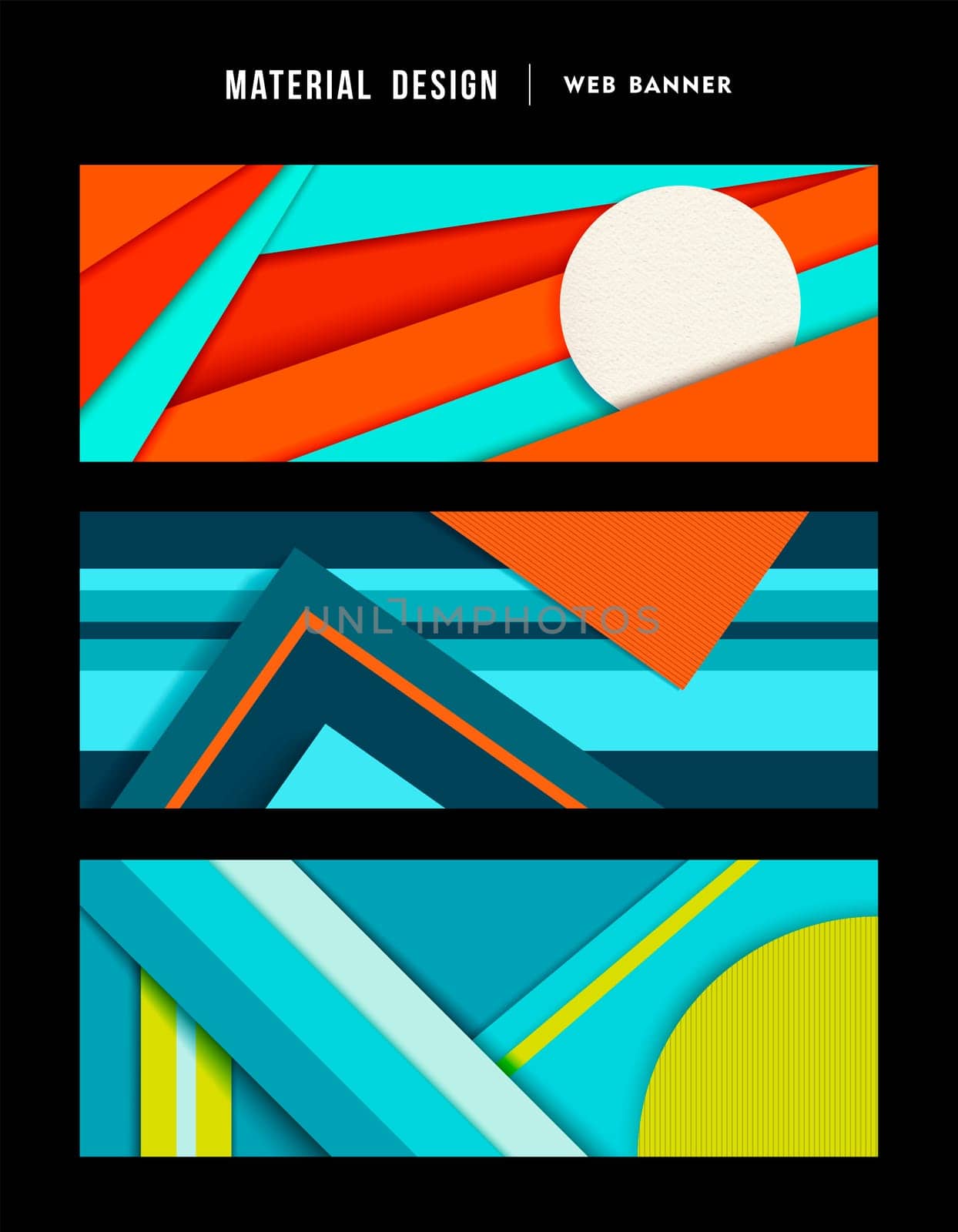 Material design banner set, colorful web illustrations with textures and abstract geometry style decoration. EPS10 vector.