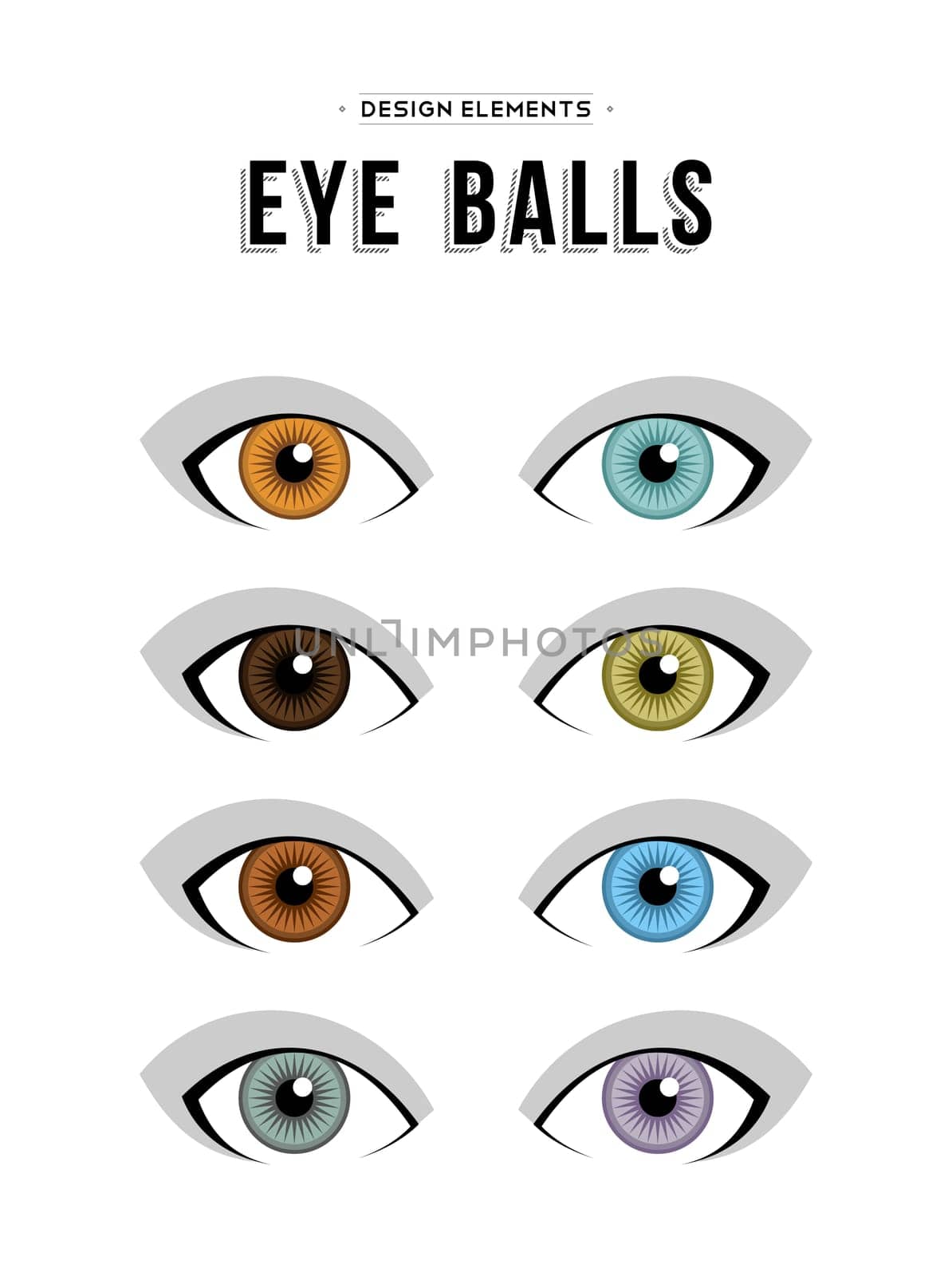 Set of concept human eye illustration elements in different colors. Isolated designs with neutral expressions. EPS10 vector.