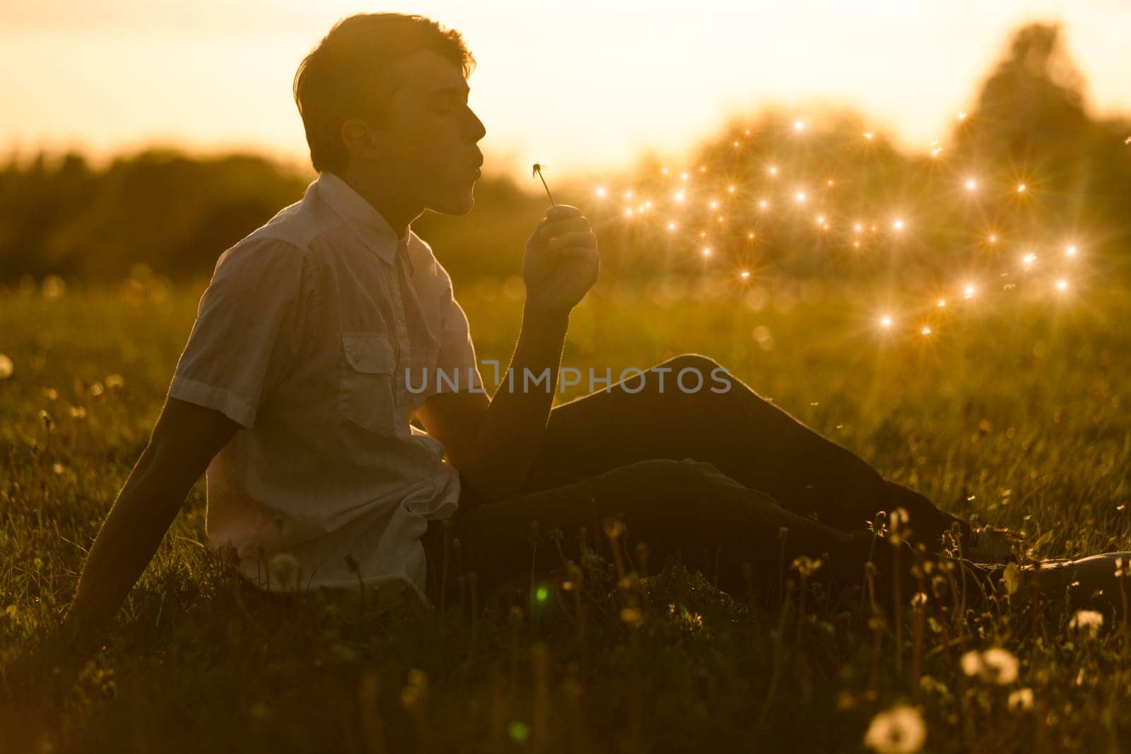 Boy blowing on the delicate seeds of a dandelion clock as he sits in a rural meadow at sunset silhouetted by the orange glow
