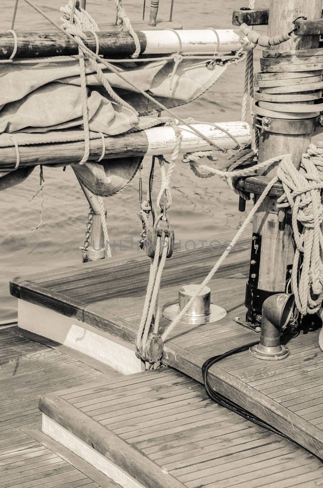 Blocks and rigging of an old sailboat, close-up