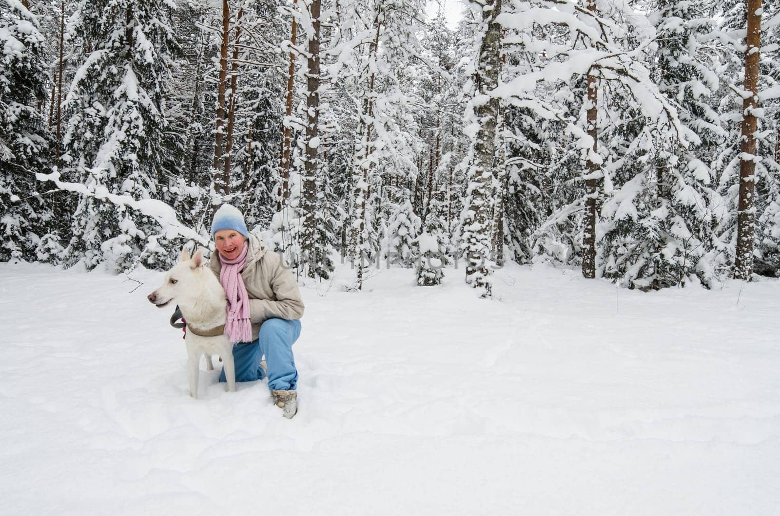 The woman with a dog on walk in a winter wood