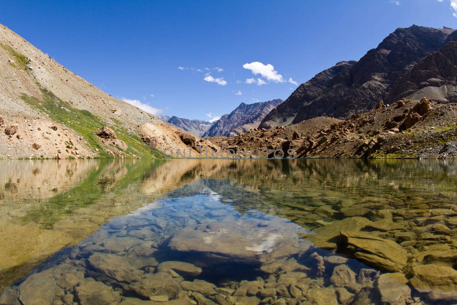 Mountain lake  with the beautiful reflections in water of the surrounding nature and blue sky (Himachal Pradesh, India)