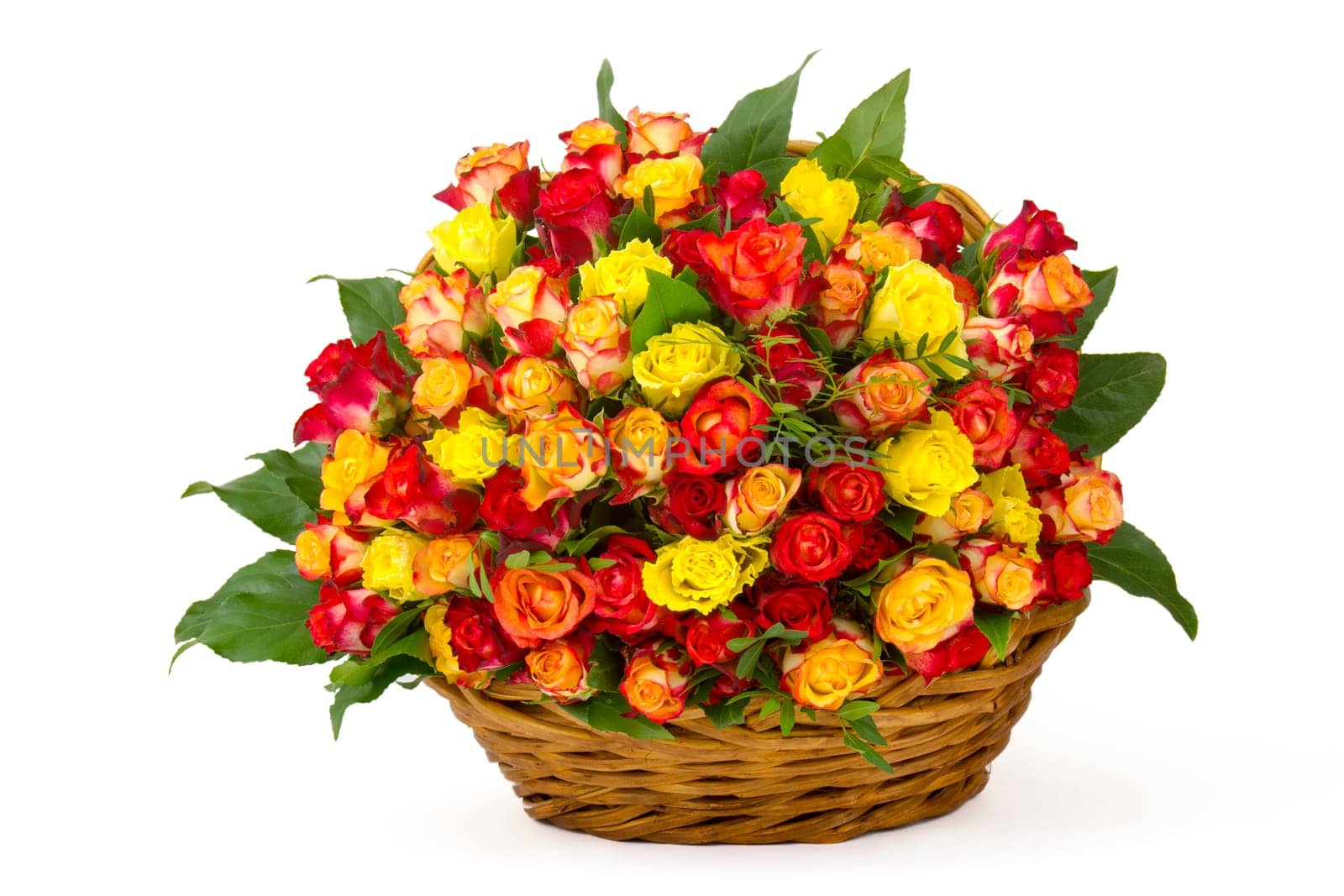 A bouquet of multicolored roses in a basket