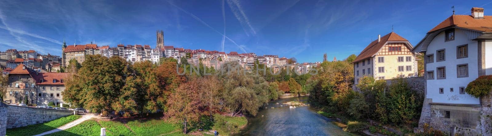 Panoramic iew of cathedral of St. Nicholas in Fribourg, Switzerland, HDR